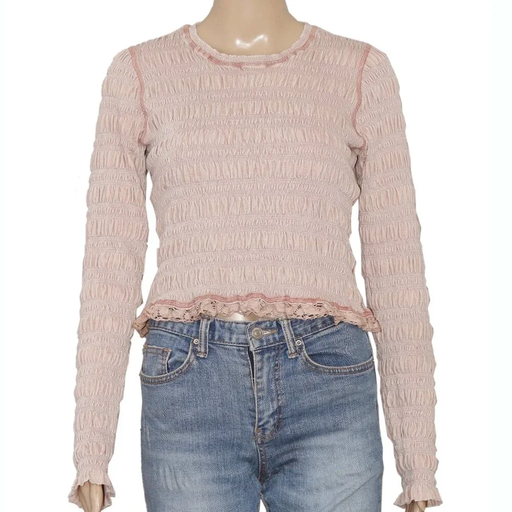 Free People Fp One Meriel Smocked Top Ruched Lace Fitted Sleeve Taupe S